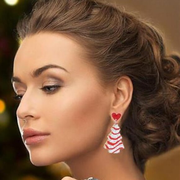 Merry Christmas Tree Earrings | Festive Holiday Acrylic Jewelry Gift - Picture 2 of 4